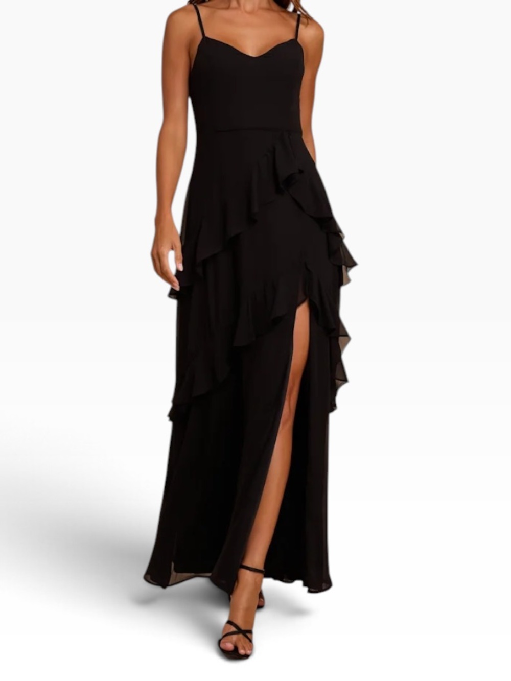 NWT Lulus All the Way Black Sleeveless Tiered Ruffled Maxi Dress Size L